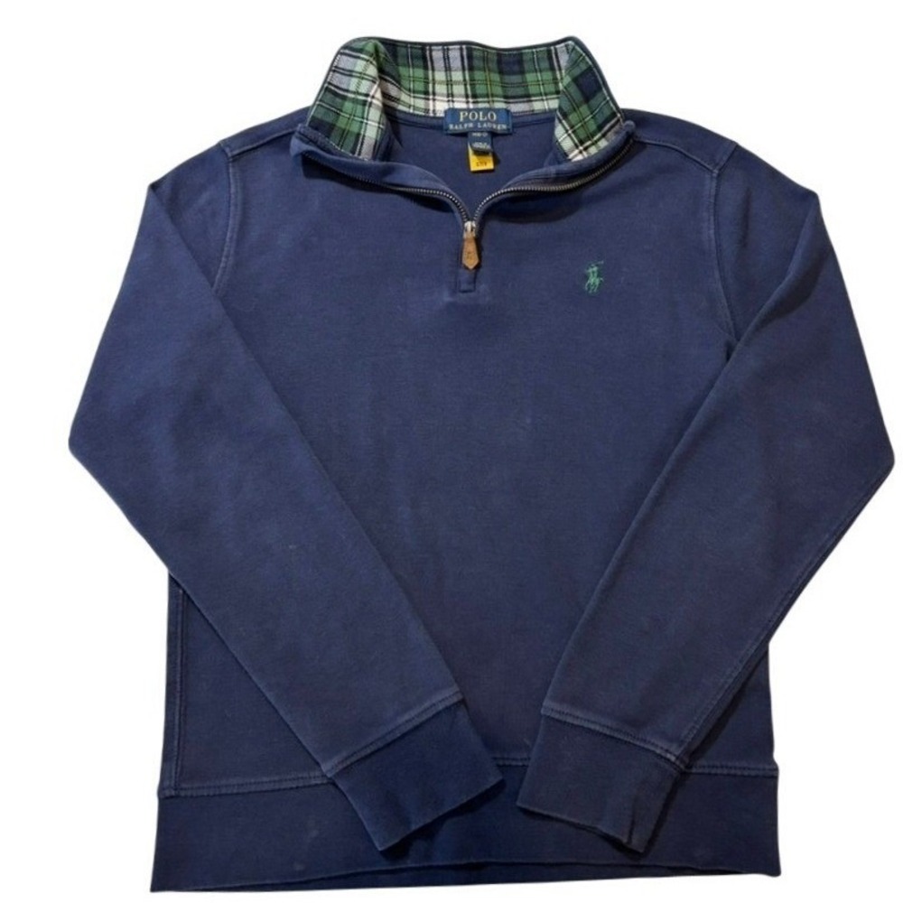 Polo Ralph Lauren‎ Pullover Kids Boys Medium 10-12 Navy Blue Plaid Collar Zip